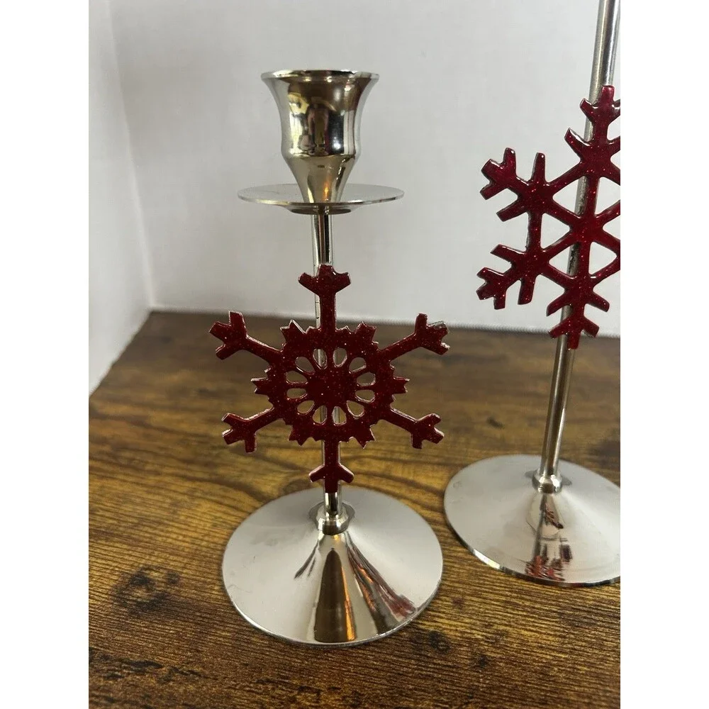 International Silver Red Snowflake Candle Holders Set 3 Christmas Holiday Decor